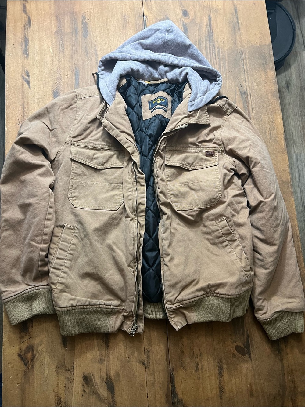 Billabong Tan Work Bomber Jacket with Gray Hoodie
